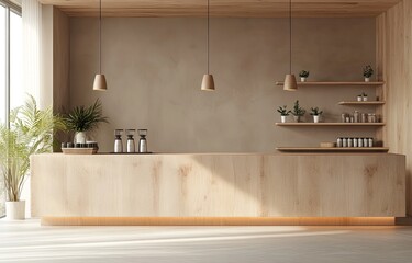 Wall Mural - Modern wooden cafe counter, sunlight, plants, city view