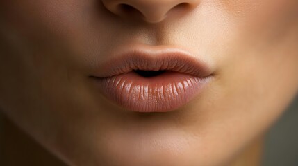 Close-up of a woman's lips poised to kiss, showcasing soft skin and subtle makeup in a blurred background