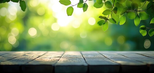 Wall Mural - Wooden table, spring leaves, sunlit bokeh, nature background, product display