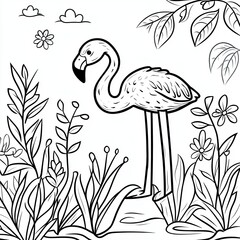 Simple Flamingo and Tropical Plants Coloring Book Page Fun Activity for Kids 