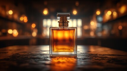 Wall Mural - Amber perfume bottle on bar top, warm lighting