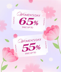 Wall Mural - Minimal Woman day Coupon banner template with coupon code, price off percentage isolated on gradient background with flowers and leafs. Woman day gift voucher in vector illustration. Vector