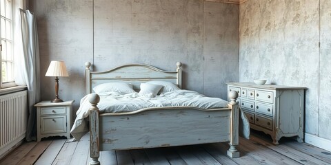 Wooden double bed with distressed headboard and footboard in a grungy room, shabby, interior, design