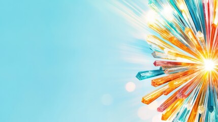 Poster - Radiant Crystal Burst with Colorful Shards and Light Effects Against Soft Blue Background