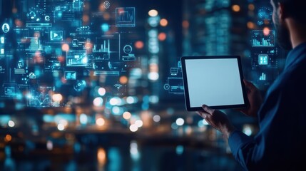 Leinwandbilder - Man holding a tablet displaying a digital interface with various application icons and data visualizations