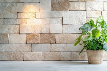 Poster - Elegant Stone Wall with Decorative Indoor Plant in a Stylish Neutral Environment