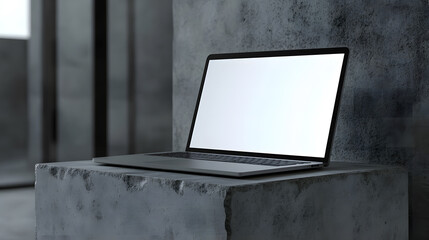 Modern Laptop with Blank Screen on Concrete Block in Minimalist Setting