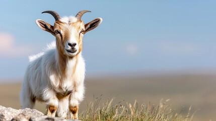 Wall Mural - Young goat standing on a rock, gazing at the camera, against a hill and blue sky background, perfect for nature or animal stock photography
