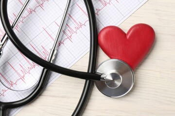 Wall Mural - Cardiology. Stethoscope, cardiogram and red decorative heart on light wooden table, flat lay