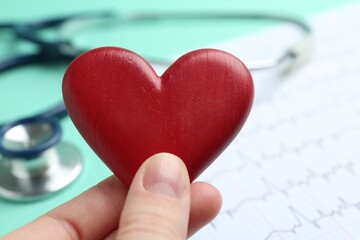 Wall Mural - Cardiology. Woman with red decorative heart at table, closeup