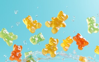 A group of gummy bears tumbling in the air with playful movement and bright reflections, pastel cyan background