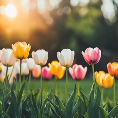 Poster - Tulips growing in a meadow with soft dreamy filters