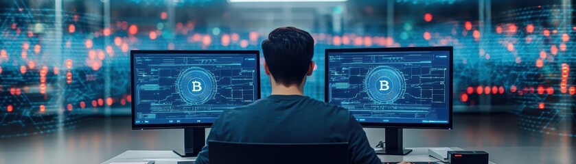 Poster - Woman working at desk with two computer monitors displaying blueprint design and technical drawing