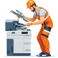 Poster - A Bearded Technician in Orange Overalls Repairing a Modern Office Printer, Wearing Safety Helmet and Focus on Detailed Mechanism Inspection for a Professional Maintenance Job.