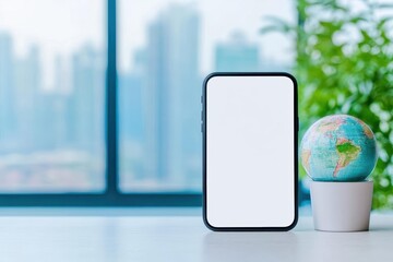 Fototapete - Smartphone with white screen placed next to a green plant on a light surface in a modern setting
