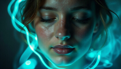 Wall Mural - a woman with her eyes closed and her face lit up with blue lights.