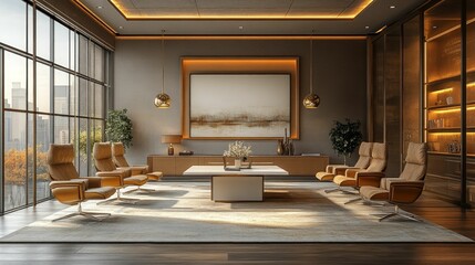 Wall Mural - Luxurious office, city view, warm lighting, modern design.