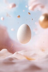 Poster - A glowing golden Easter egg levitates in a soft-focus sky filled with pastel hues, as delicate gold dust swirls around it, creating a serene and exclusive atmosphere