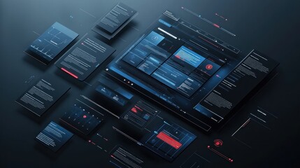 Digital dashboard interface, data analysis, dark background, tech