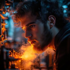 Poster - A Focused Engineer Inspecting Advanced Tech with Fiery Glow, Surrounded by Intricate Machinery and Vaporous Mist in a Futuristic Workshop