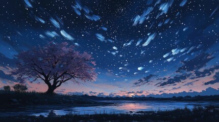 Wall Mural - Tranquil twilight scene blooming tree starry sky