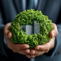 Aufkleber - A Green Future: Sustainable Urban Development in the Hands of Innovation, Emphasizing Environmental Responsibility and Eco-Friendly Building Practices.