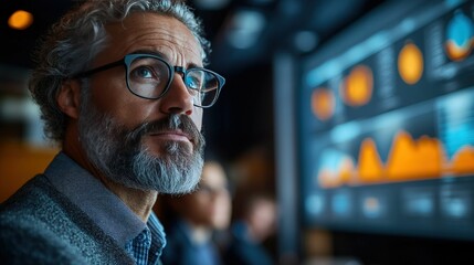 Canvas Print - Thoughtful man reviewing data graphs, serious expression.