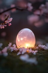 Poster - A glowing Easter egg shines softly on a bed of grass, illuminated by the light of a full moon. Surrounding cherry blossoms fall gently, creating a serene atmosphere