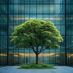 Aufkleber - A Lone Tree Stands Tall Amidst Gleaming Glass Walls: A Serene Urban Oasis Where Nature and Modern Architecture Harmonize in a Striking Visual Contrast.
