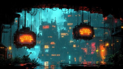 Wall Mural - Futuristic city rain, neon lights, cyberpunk alleyway.