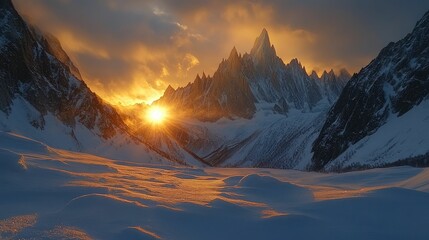 Poster - Golden sunset paints snowy peaks, serene winter landscape.