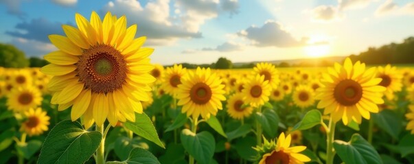 Wall Mural - Vibrant sunflower field, sunny day Golden petals, lush green , nature, rural