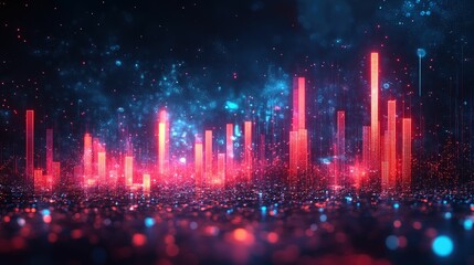 Wall Mural - Glowing red digital cityscape, futuristic energy, vibrant lights.