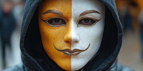 half gold and half white mask with black hood in a mysterious setting. generated with ai