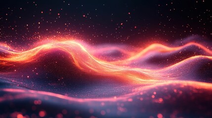 Wall Mural - Glowing particles form abstract waves, dark background