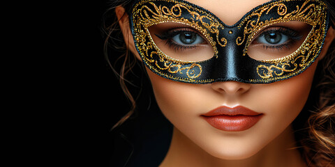 Wall Mural - Close-up of woman with black and gold Venetian mask, intense gaze, and dark background. Generated with AI