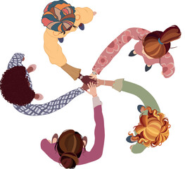 Wall Mural - Top view of a diverse group of female colleagues in a circle hands stacked together as a symbol of agreement unity or pact. International women s day. DEIB or empowerment. Isolated