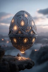 Wall Mural - A massive Easter egg, adorned with intricate glowing patterns, hovers serenely above a soft-focus fantasy landscape, casting a warm light on the surrounding hills and valleys at dawn