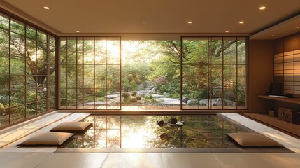 Wall Mural - Serene indoor pool reflecting sunlit garden