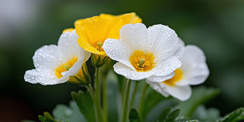 Poster - Close Up Of Delicate White And Yellow Flowers With Water Droplets