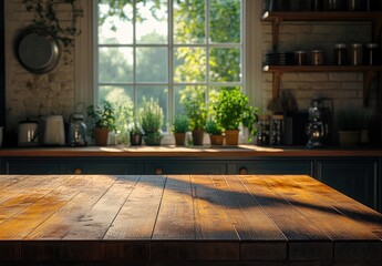 Wall Mural - Rustic kitchen table, sunlit window, herbs, countertop, product display