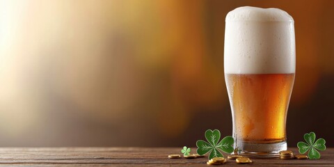 Wall Mural - St Patrick's Day Irish Celebration. A frothy glass of beer sits on a wooden surface, with a blurred warm background and a few green leaves nearby.