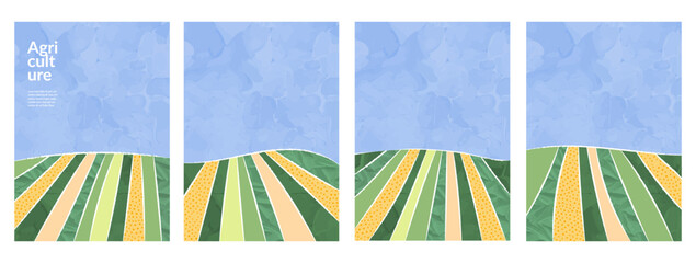 Wall Mural - Modern eco design featuring green fields, rice, wheat, tea, corn, soybean, paddy. Abstract illustration with vintage texture, hill, mountain, landscape in watercolor. Sustainable, organic, aesthetic
