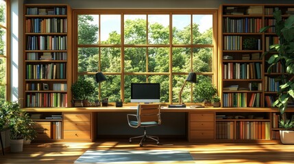 Wall Mural - Sunlit home office with bookshelves and large window.