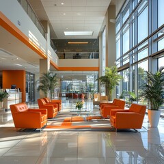 Aufkleber - Bright and Airy Modern Lobby with Orange Accents and Floor-to-Ceiling Windows, Featuring Stylish Seating Arrangements and Lush Greenery for a Welcoming Atmosphere