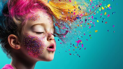 Wall Mural - girl with colorful hair and face paint blowing a kiss. the image is vibrant and playful, with a sens