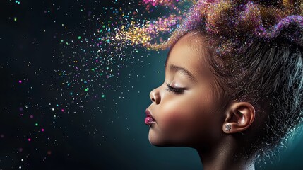 Wall Mural - young girl with colorful hair is surrounded by a cloud of glitter. concept of fun and playfulness, a