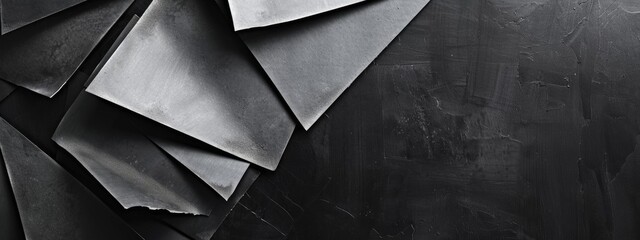 Wall Mural - Abstract minimalist wallpaper with random shapes and polygons on black background. Featuring white space in the center for text, ideal for design templates and modern banners.