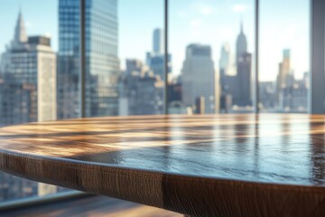 Wall Mural - Cityscape view, wooden table, office, sunlight, presentation