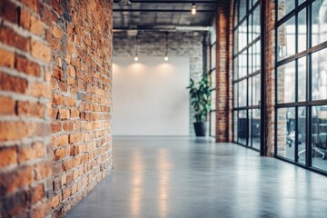 Wall Mural - Industrial Loft Corridor, Brick Wall,  Large Windows, Empty Space, Modern Office